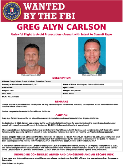FBI Wanted poster of Greg Alyn Carlson, English