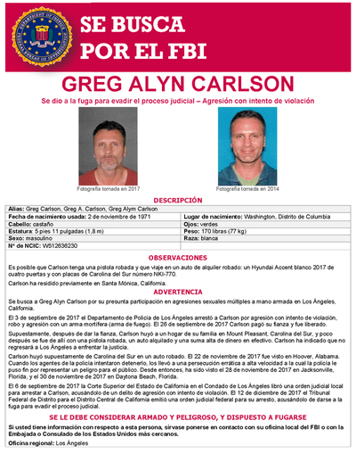 FBI Wanted poster of Greg Alyn Carlson, Spanish